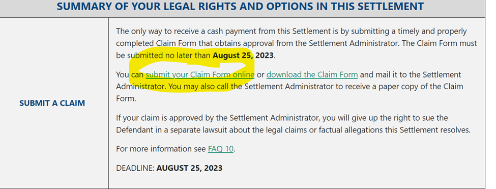 Summary of your legal rights and options in the settlement.